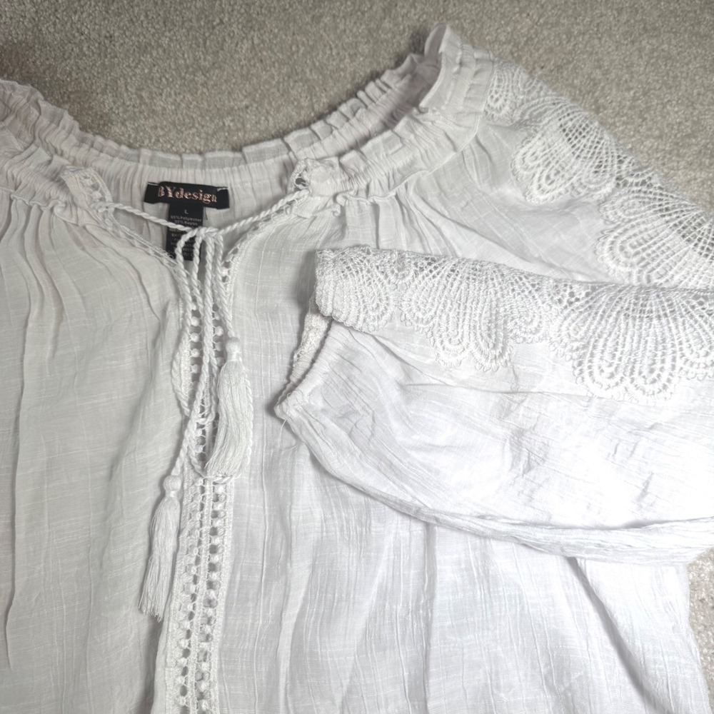 BYdesign Womens White Boho Peasant Top Crochet Lace Tassel Trim Large